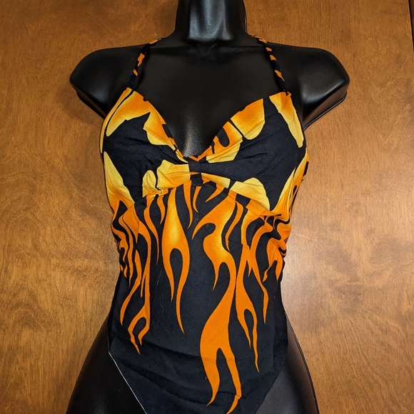 Vintage 90s bandana Top, 3 styles, sun moon celestial print, flames, lightning, - Picture 4 of 5